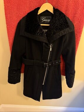 Guess Black Wool-Blend Belted Trench Coat with Faux Fur Trim